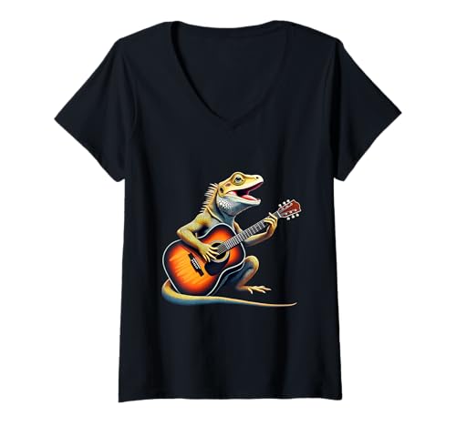 Damen Lustiges Leguan-Gitarren-Design für Musikliebhaber T-Shirt mit V-Ausschnitt von Iguana Lovers Designs