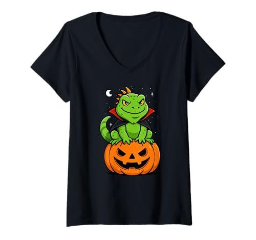 Damen Leguan Tierliebhaber Vampir Kürbis Halloween Jungen Mädchen T-Shirt mit V-Ausschnitt von IguanaAxis1