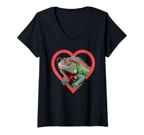 Damen Herz Leguan Brille Leguane T-Shirt mit V-Ausschnitt Damen Herz Leguan Brille Leguane T-Shirt mit V-Ausschnitt von Iguanas Iguana Lover Gifts