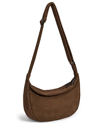 Kleine Halbmond-Umhängetasche für Damen und Herren, Unisex, Cord-Schultertasche mit verstellbarem Riemen, 2 Reißverschlüsse, Crossbody-Tasche, Cafe, Lässig von Iioscre