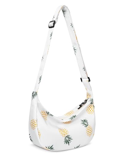 Kleine Umhängetasche für Damen und Herren, trendig, Mini-Halbmond-Tasche mit verstellbarem Riemen, 2 Reißverschlüsse, leichte Nylontasche, Ananas-Weiß von Iioscre