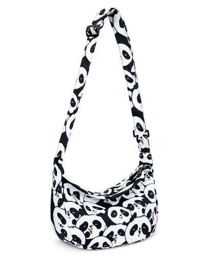 Kleine Umhängetasche für Damen und Herren, trendig, Mini-Halbmond-Tasche mit verstellbarem Riemen, 2 Reißverschlüsse, leichte Nylontasche, Panda-Schwarz, Umhängetasche mit verstellbarem Riemen von Iioscre