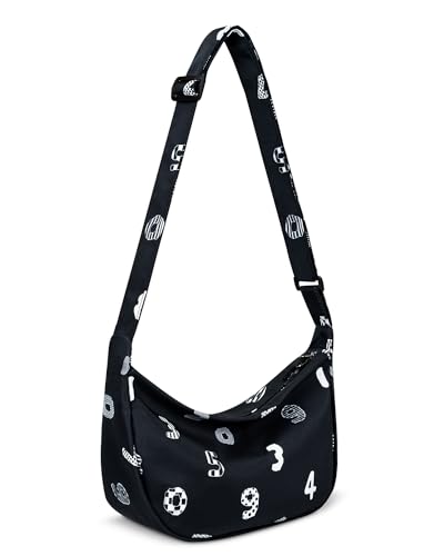 Kleine Umhängetasche für Damen und Herren, trendig, Mini-Halbmond-Tasche mit verstellbarem Riemen, 2 Reißverschlüsse, leichte Nylontasche, Schwarz-Digital von Iioscre