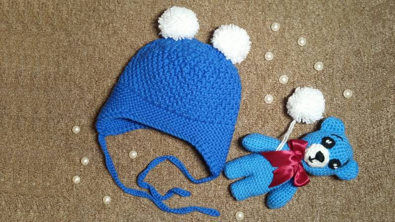 Warme Winter Babymütze/Strick Kinder Beanie Mit Ohrenklappe Handgemachte Pom Pilotenmütze Strickmütze Aus Merinowolle Gelbe Graue Neugeborenen Mütze von IkalKnitting