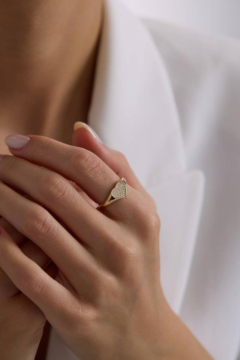 10K 14K 18K Rosegold Diamant Herz Siegelring | Pavé Pinky Ring Zarte Massiv Gold Minimalist Versprechen Geschenk Für Sie von IkeFineJewelry