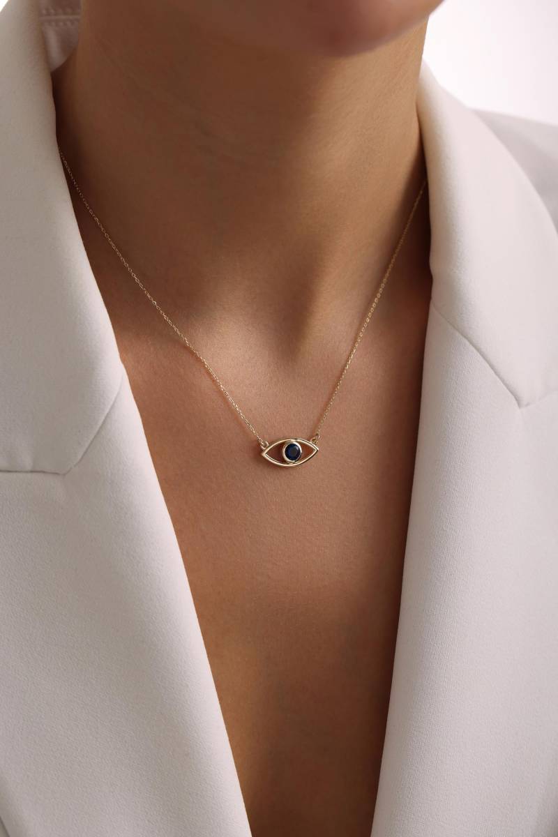 14K Gold Evil Eye Halskette, Blauer Saphir Auge Anhänger, Zierliche Ketten Schutz Feiner Schmuck Für Frauen, Weihnachtsgeschenk von IkeFineJewelry