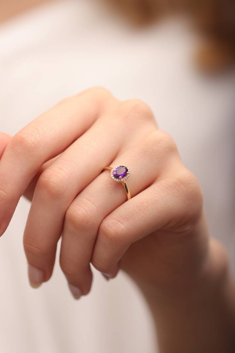 14K & 18K Gold Echter Amethyst Mit Diamant Ring/Februar Geburtsstein Purpur Weihnachtsgeschenk von IkeFineJewelry