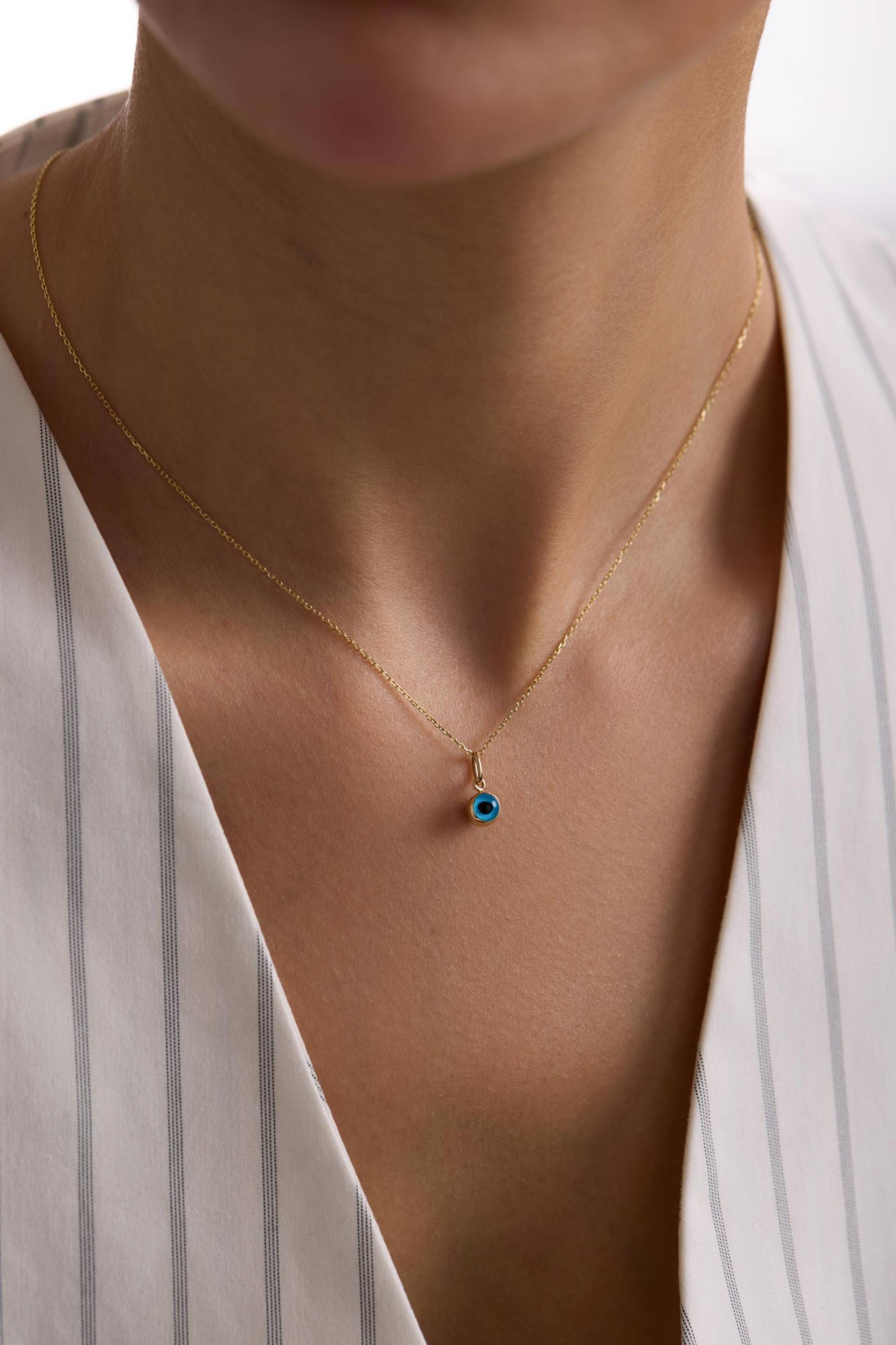 Solid Gold Evil Eye Halskette 10K 14K 18K | Zierliche Blau Emaille Augen Anhänger Minimalist Schutz Edler Schmuck Von Ike Weihnachten von IkeFineJewelry