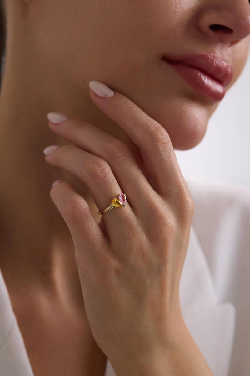 Zwei Stein Citrin & Rosa Saphir Ring, Zierliche Gold Birthstone Personalisierte Schmuck Für Frauen, Stapelbar Versprechen Weihnachtsgeschenk von IkeFineJewelry