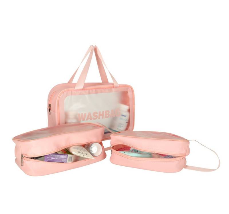 Ikonka Reisetasche Kosmetiktaschen-Set 3-teilig Transparent Pink oder Schwarz Reise (Kosmetiktaschen-Set mit Reißverschluss in 3 verschiedenen Größen, 3 Größen im Set – ideal für Kosmetik, Hygieneartikel & Reise), 3-teiliges Set in Pink oder Schwarz – wasserabweisend & TSA-konform von Ikonka