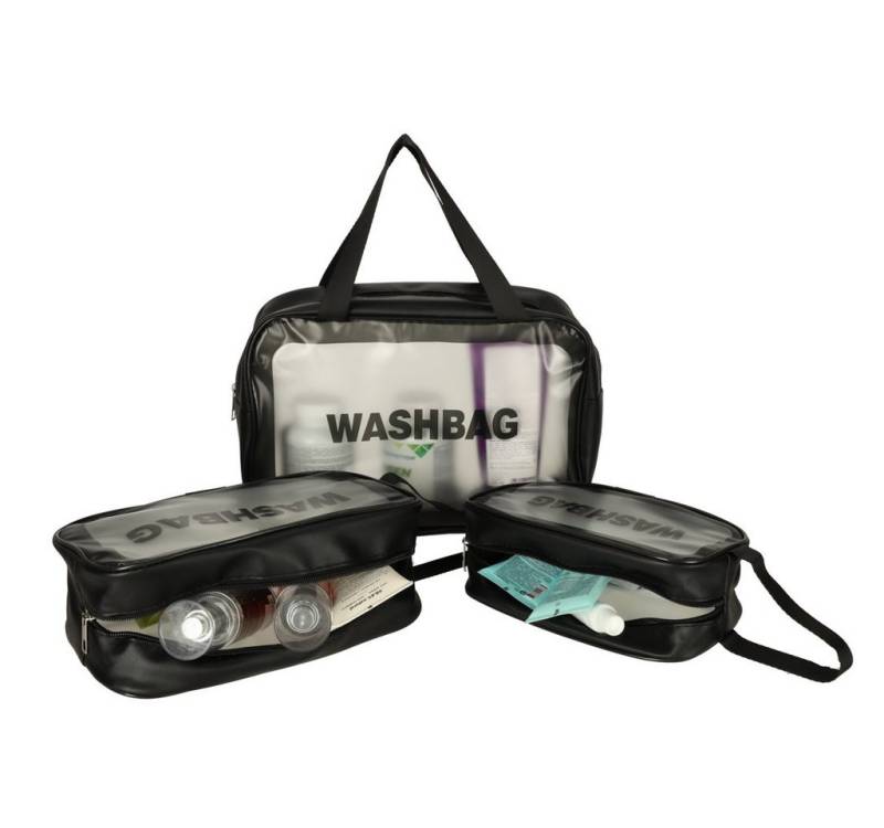 Ikonka Reisetasche Kosmetiktaschen-Set 3-teilig Transparent Pink oder Schwarz Reise (Kosmetiktaschen-Set mit Reißverschluss in 3 verschiedenen Größen, 3 Größen im Set – ideal für Kosmetik, Hygieneartikel & Reise), 3-teiliges Set in Pink oder Schwarz – wasserabweisend & TSA-konform von Ikonka