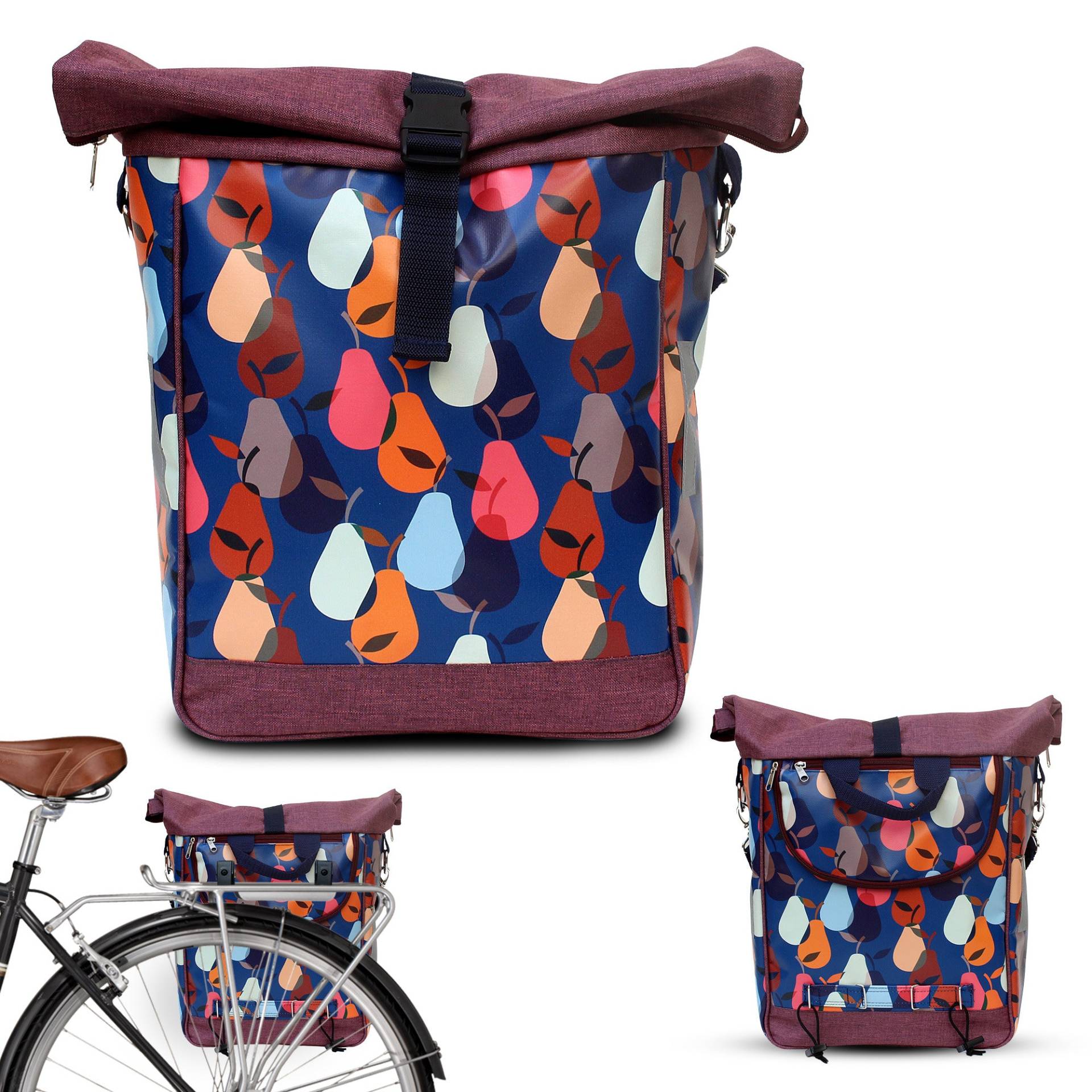 Fahrradtasche Gepäckträger Aus Plane Wasserdicht - Gepäcktasche Für Frauen Velotasche Bike Panniers Fahrrad-Zubehör Design Peras Blau von Ikuri