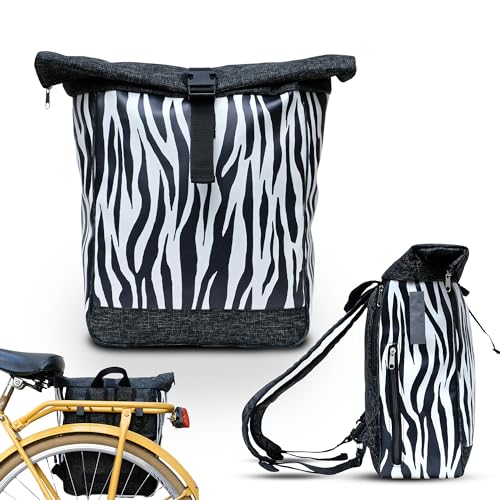 Ikuri Fahrradtasche/Rucksack Kombi Fahrradrucksack aus Plane für Gepäckträger Packtasche Wasserdicht für Frauen - Model Zebra von Ikuri