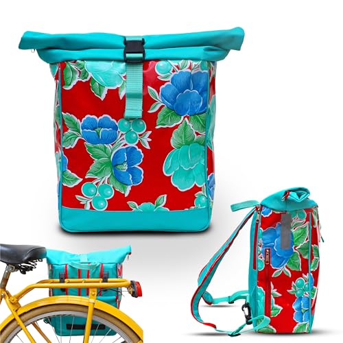 Ikuri Fahrradtasche/Rucksack Kombi Fahrradrucksack aus Wachstuch für Gepäckträger Packtasche Wasserdicht für Frauen - Model Capullo von Ikuri