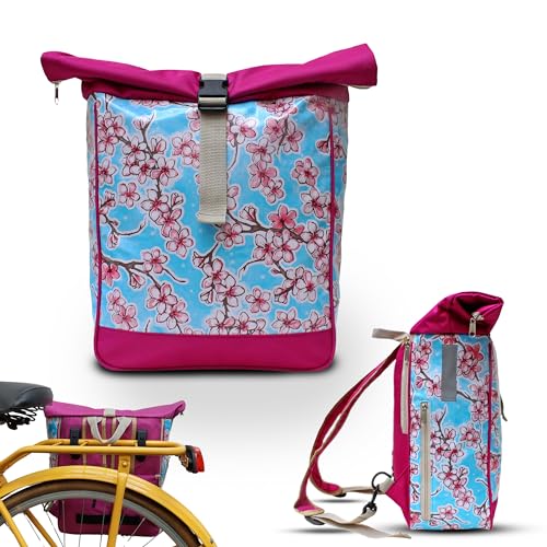 Ikuri Fahrradtasche/Rucksack Kombi Fahrradrucksack aus Wachstuch für Gepäckträger Packtasche Wasserdicht für Frauen - Model Hanami hellblau von Ikuri