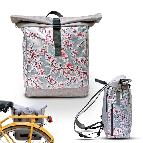 Ikuri Fahrradtasche/Rucksack Kombi Fahrradrucksack aus Wachstuch für Gepäckträger Packtasche Wasserdicht für Frauen - Modell Hanami Silber von Ikuri