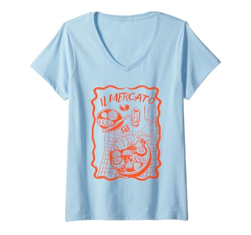 Damen Il Mercato Italienischer Bauernmarkt Italienischer Sommer T-Shirt mit V-Ausschnitt von Il mercato Italian summer