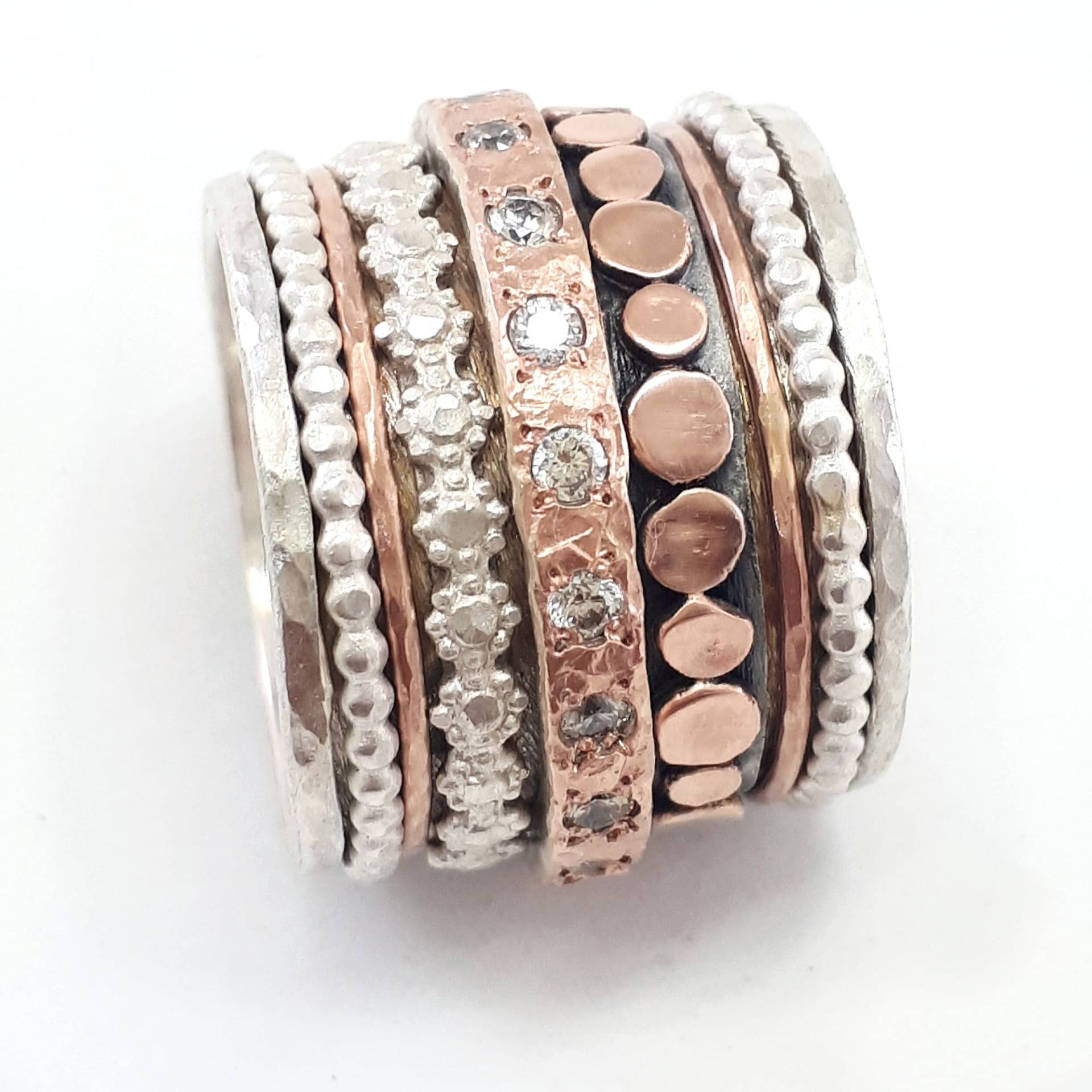 Breiter Roségold Und Silber Spinner Ring Mit Eternity Ring, One Of A Kind Spinner, Flower Ball von IlanAmirJewelry