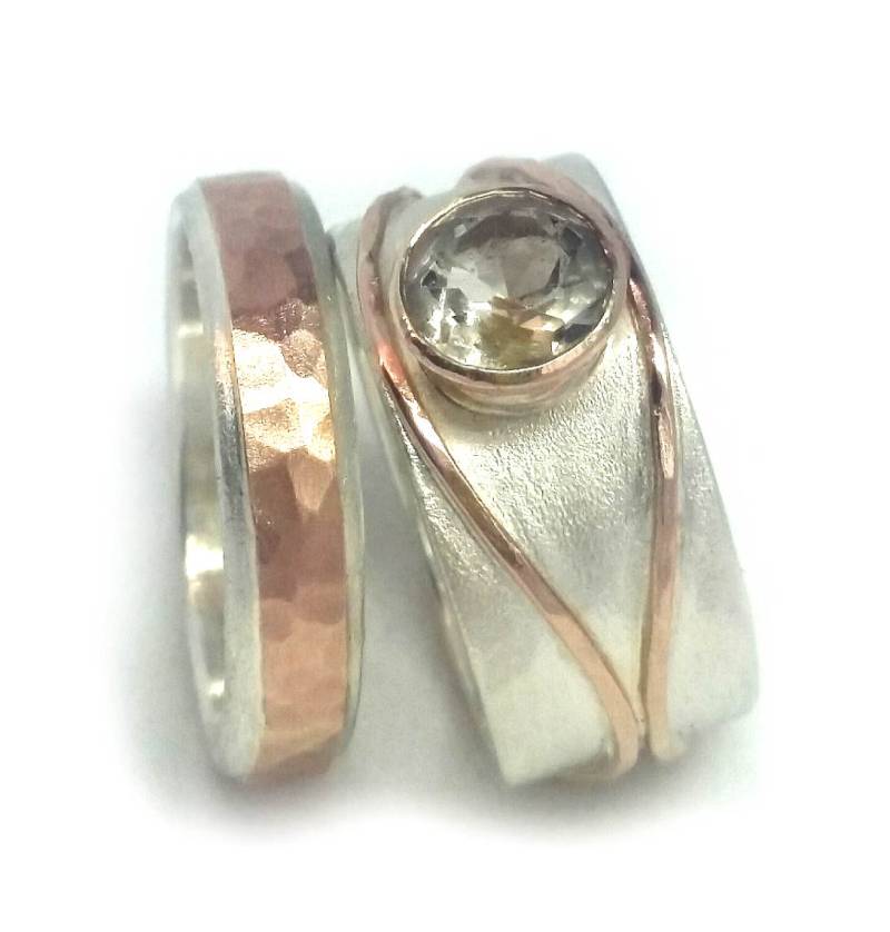 Goldener Rutilquarz Ehering Set, Roségold-Verlobungsring, Alternativer Diamantring, Diamantring Für Ihn Und Ihn, Sie von IlanAmirJewelry