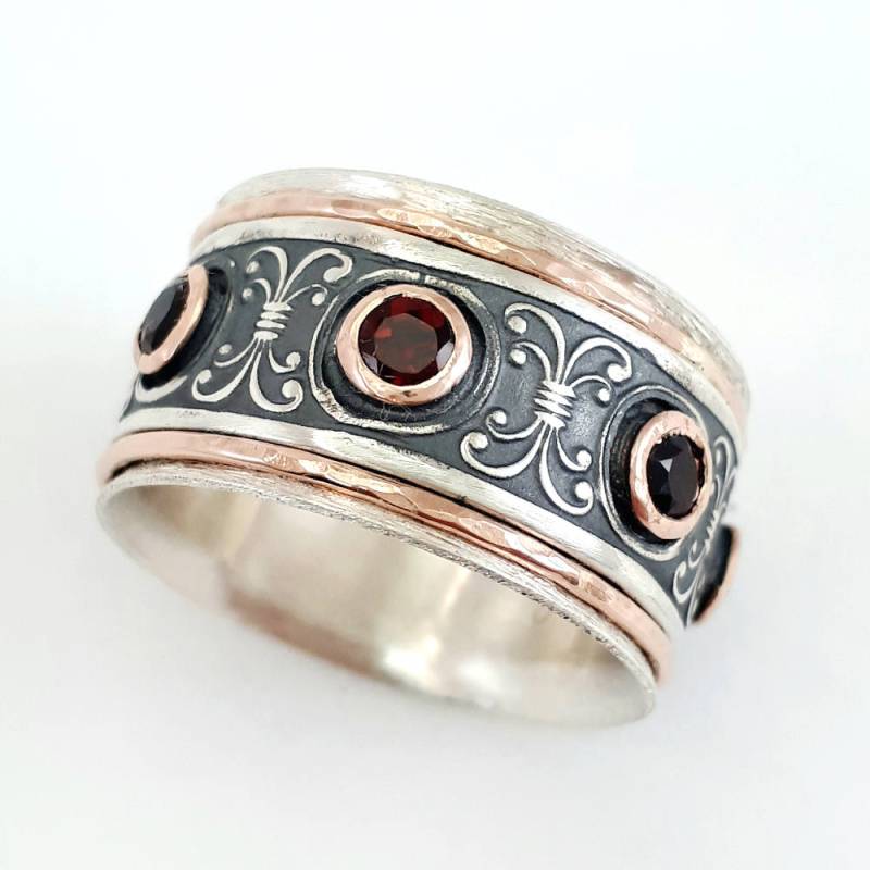 Semi-Wide-Damen-Spinner-Ring, Besetzt Mit Granat Oder Einer Auswahl An Geburtssteinen, Elegantem Blattdesign, Art-Deco-Ring, Sorgenspinner von IlanAmirJewelry