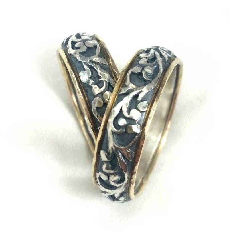 Oxidierte Sterling Silber Ring, Jugendstil Eheringe, Ring Mit Struktur, Gelbgold, Unisex Ringe, Ilan Amir Jewelry von IlanAmirJewelry