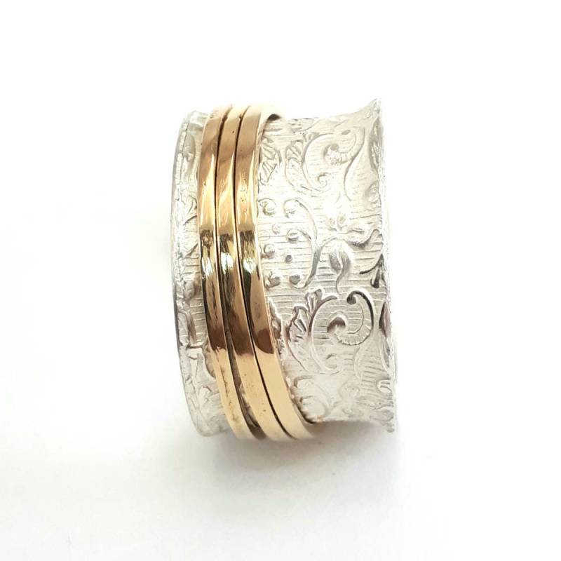 Schicker Spitzenring Aus Sterlingsilber, Drei Goldspinner, Beliebter Ring, Halbbreiter Ehering Für Frauen, Spinnerring, Jugendstilring von IlanAmirJewelry