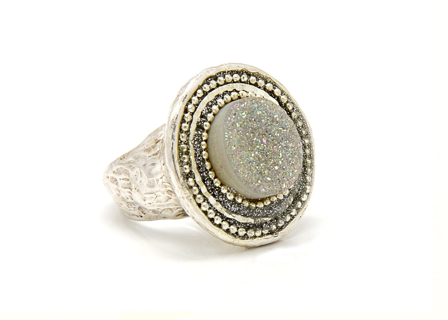 Druzy Quarz Ring - Runder Statement 925 Sterling Silber Massiver Silberring Steinring Elektrogeformter von IlanaArtisticJewelry