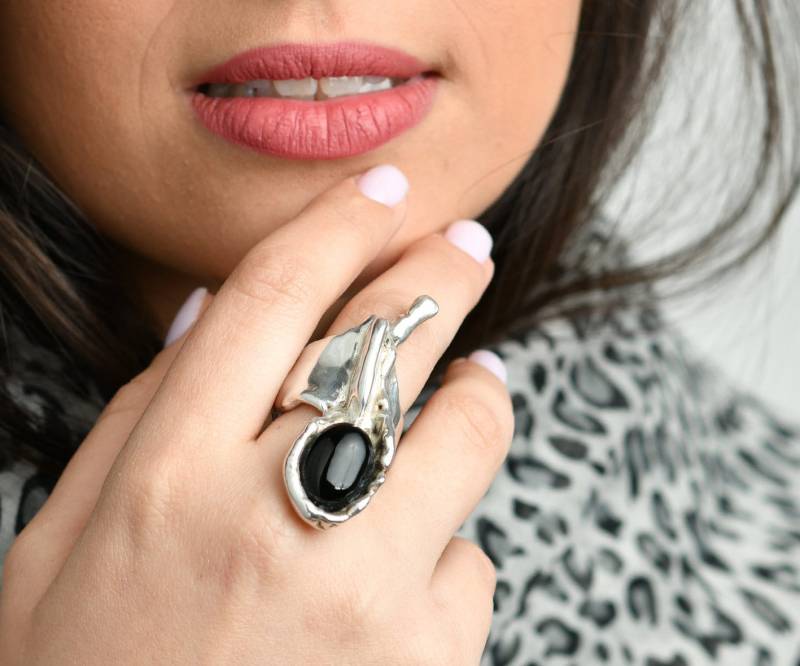 Schwarzer Onyx Stein Ring, 925 Sterling Silber, Breiter Band Perfektes Geschenk Für Sie von IlanaArtisticJewelry
