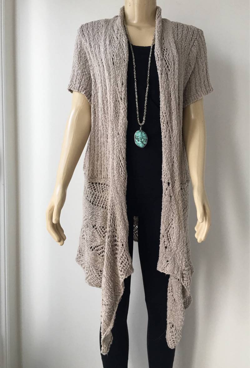 Vintage Crochet Knit Duster Cardigan Taupe Baumwollspitze, Xl-2Xl Usa Zoll von IldiVintage