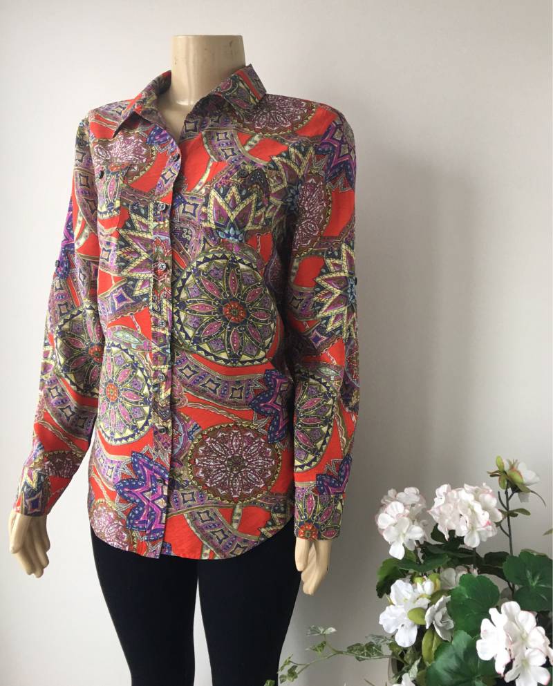 Vintage Mandala Print Bluse 80Er Jahre Van Heusen Bluse Durchgeknöpft, Grösse M von IldiVintage