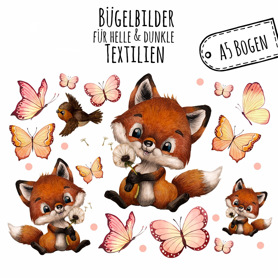 Bügelbilder Bügelbild Patch Applikation Bügelpatches Fuchs Füchslein Fox Schmetterlinge Butterflies A5 Set Bb208 von IlkaParey