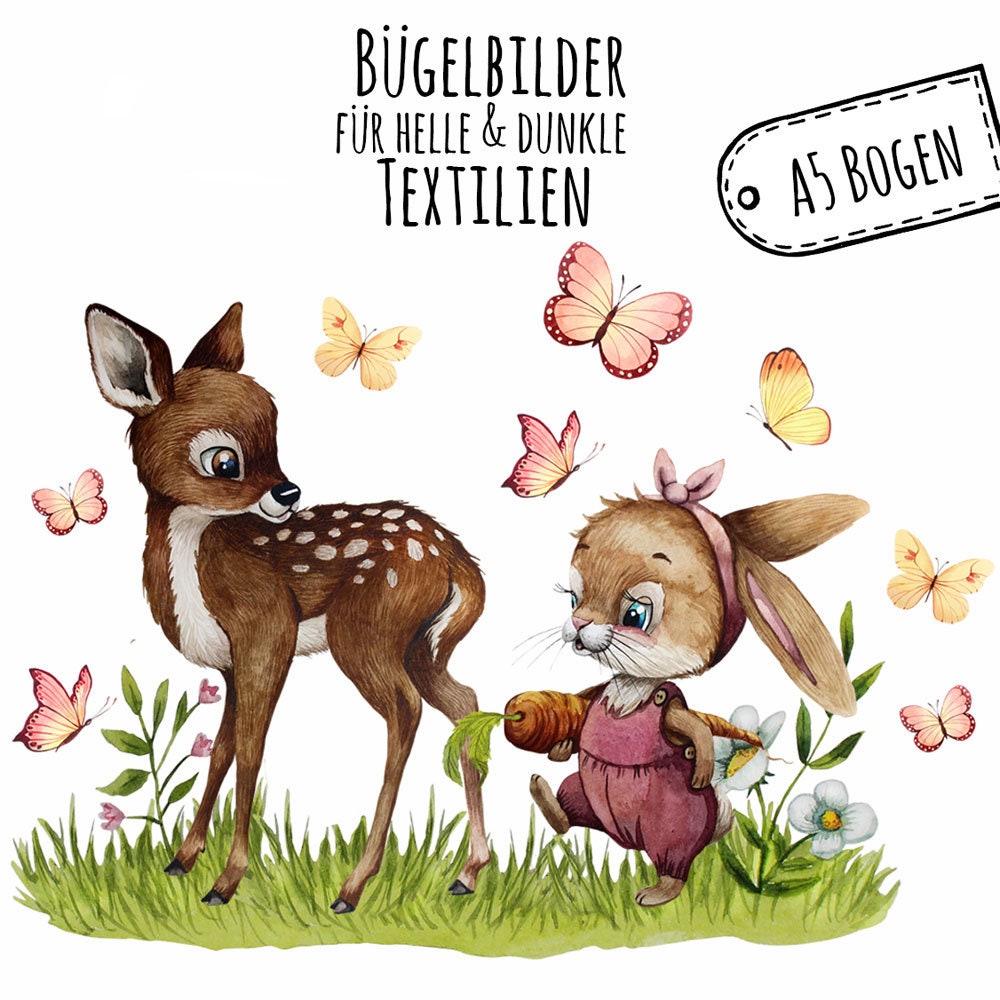 Bügelbilder Bügelbild Patch Applikation Bügelpatches Hase Häschen Reh Schmetterlinge Rabbit Deer Butterflies A5 Set Bb209 von IlkaParey