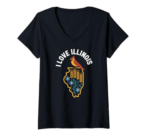 Damen Ich liebe Illinois State Bird Cardinal T-Shirt mit V-Ausschnitt von Illinois State Pride Cardinal Icon