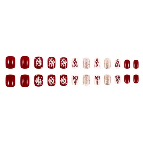 24 Stück Kurze Quadratische Nägel Zum Aufdrücken Mit Weihnachtsbaum Und Schneeflocken Designs Glitzernde French Spitze Für Frauen Und Mädchen von Illkjasfc