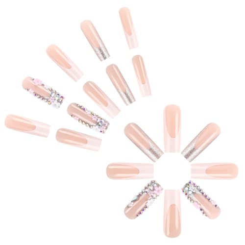 24 Stück Press on Nails French Tip Falsche Nägel Quadratische Kunstnägel mit 3D Blume Strass Stick On Nägel für Frauen von Illkjasfc