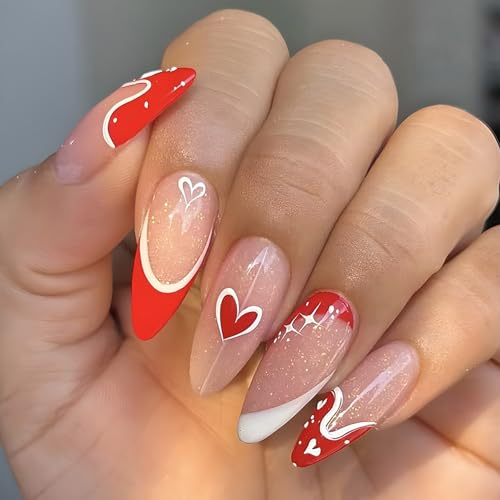 24 Stück Valentinstag Mandelförmige Press On Nägel Mit Herz Glänzende Vollständige Abdeckung Künstliche Nägel Für Frauen Und Mädchen von Illkjasfc