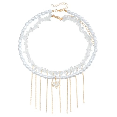 Illkjasfc Elegante Halskette mit Kunstperlen, Halskette mit Quasten für Frauen, mehrlagiger Modeschmuck, einzigartiges Perlen-Design von Illkjasfc