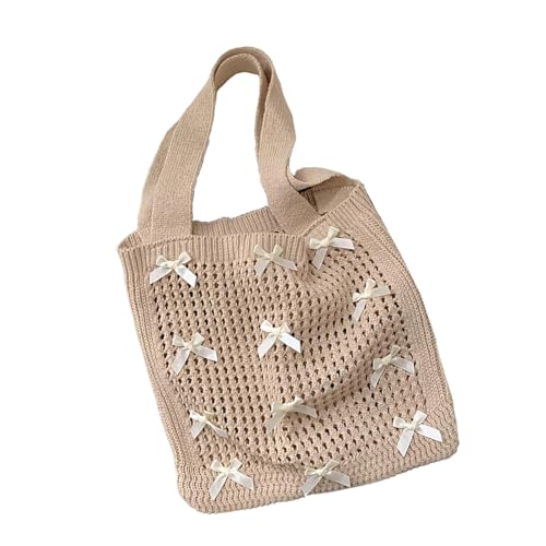 Illkjasfc Elegante Strandtasche mit Schleife, gehäkelt, Netzstoff, gestrickt, Handtasche für Damen, Unterarmtaschen mit hohlem Bohemian-Design, Strandtasche, khaki, One Size von Illkjasfc