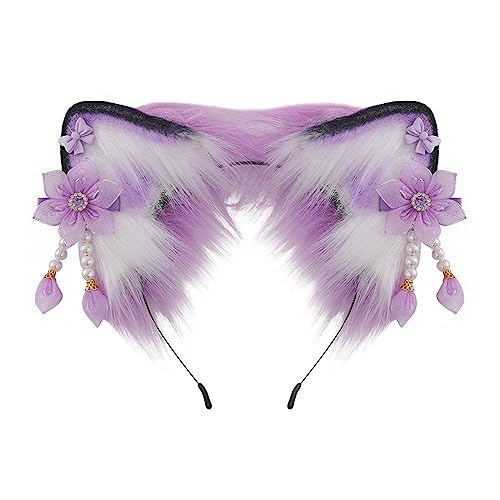 Illkjasfc Haarreif mit Fuchs-Ohren, mit Schleife, Blume, für Damen, Teenager, für Live-Übertragung, Karneval, Haarband von Illkjasfc