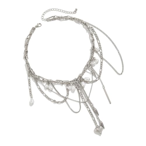 Illkjasfc Mehrschichtige Halskette mit Herz- und Nieten-Anhänger, verstellbare Länge, Choker, modische Schlüsselbeinkette für trendige Outfits, mehrschichtige Halskette von Illkjasfc