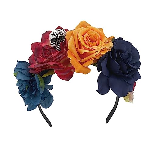 Illkjasfc Modischer, mehrfarbiger Haarreif in Blumen- und Totenkopf-Form, für Halloween, Bühne, Hochzeit, Party, Frauen-Stirnband von Illkjasfc