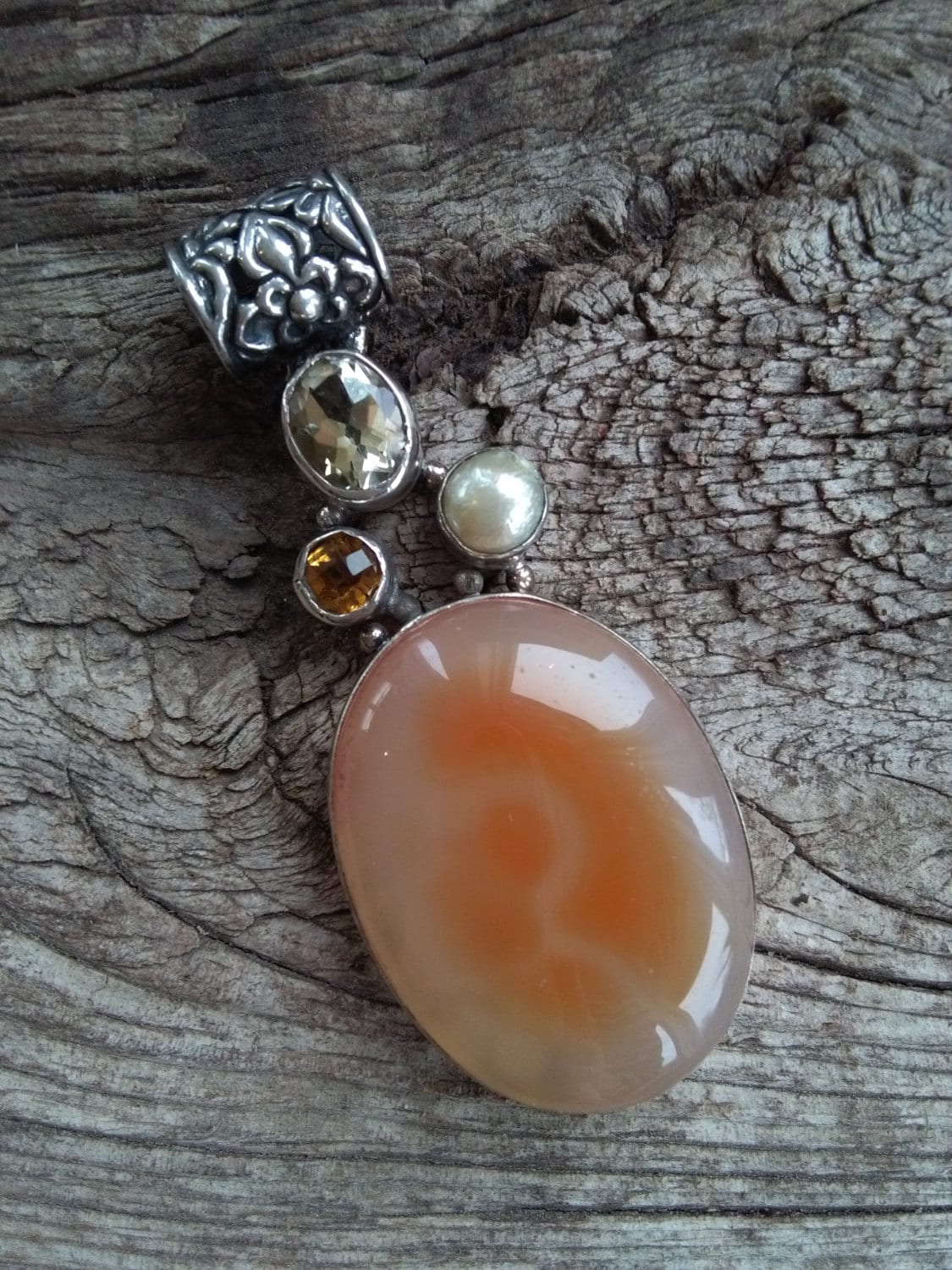 Achat Anhänger Mit Perle Und Citrine, Handwerker Handgefertigte in 925 Sterling Silber Set Achat Anhänger Mit Perle Und Citrine, Handwerker Handgefertigte in 925 Sterling Silber Set von IllunisMoon