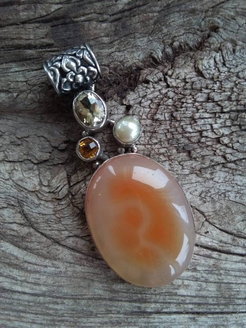Achat Anhänger Mit Perle Und Citrine, Handwerker Handgefertigte in 925 Sterling Silber Set Achat Anhänger Mit Perle Und Citrine, Handwerker Handgefertigte in 925 Sterling Silber Set von IllunisMoon
