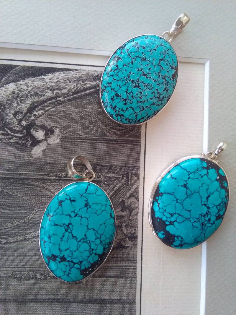 Anhänger Mit Echten Natürlichen Türkis Cabochons, Handwerker Handgefertigte Große Statement Schmuck in 925Er Sterling Silber Anhänger Mit Echten Natürlichen Türkis Cabochons, Handwerker Handgefertigte Große Statement Schmuck in 925Er Sterling Silber von IllunisMoon