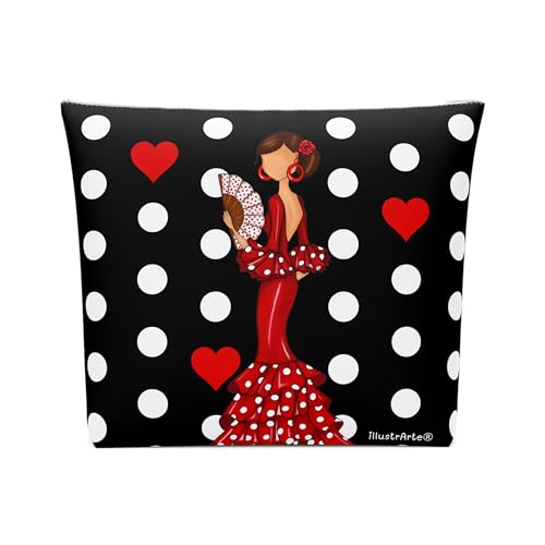 Flamenca Kulturbeutel – doppelseitiges Design – 25 x 26 cm – wasserdicht – Kulturbeutel für Damen oder Reisen – Flamenca Pepa mit schwarzem Hintergrund und Punkten von IllustrArte