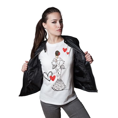 Damen-T-Shirt mit halbtailliertem Schnitt aus 100 % Bio-Baumwolle, kurzärmelig, mit weißem Flamenco-Kleid, schwarzes T-Shirt - Größe L - Maria Damen-T-Shirt mit halbtailliertem Schnitt aus 100 % Bio-Baumwolle, kurzärmelig, mit weißem Flamenco-Kleid, schwarzes T-Shirt - Größe L - Maria von IllustrArte