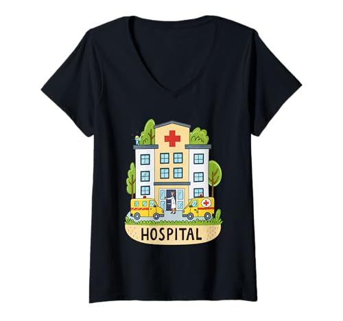 Damen Cartoon Krankenhaus Gebäude Illustration T-Shirt mit V-Ausschnitt von Illustrated Locations Design Co.