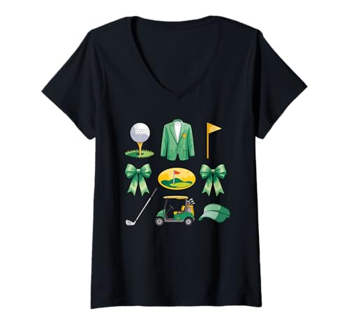 Damen Golf Essentials Icon Art Golf Ball Cart Visor Turnier Golf T-Shirt mit V-Ausschnitt Damen Golf Essentials Icon Art Golf Ball Cart Visor Turnier Golf T-Shirt mit V-Ausschnitt von Illustrierte Golf Equipment Icon Sports Art