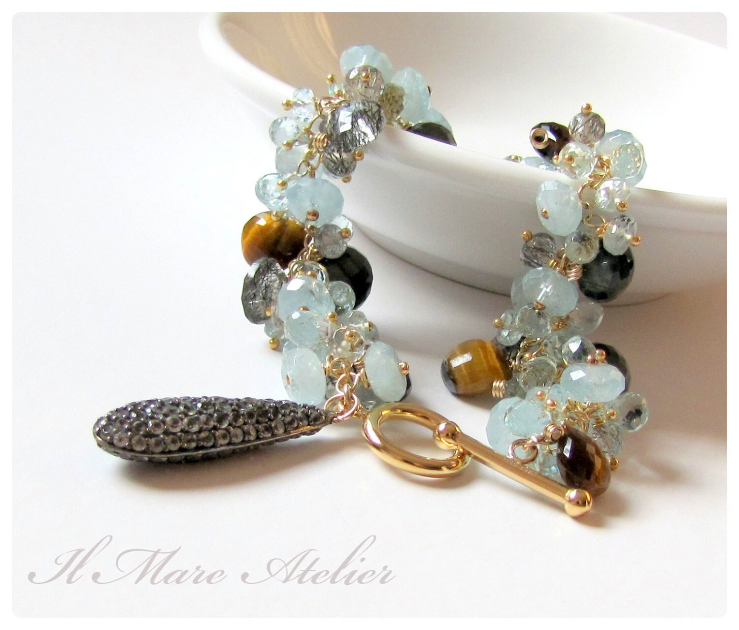 Aquamarin, Tigerauge, Schwarzer Rutilquarz, Katzenauge Armband Aquamarin, Tigerauge, Schwarzer Rutilquarz, Katzenauge Armband von IlmareAtelier