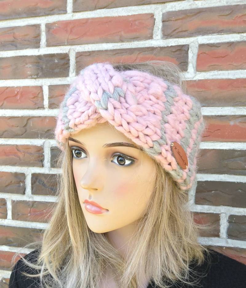 Chanky-stirnband Damen Weich Klobig Modern Rosa Grau von IlonasKreativStube